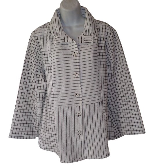 Shana Tunic M‎ Crinkle Textured Abstract Grid Print 3/4 Sleeve Artsy Top Women - Picture 2 of 7